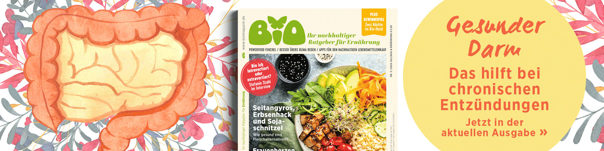 Mit Wasserfarben gemalter Darml, daneben das BIO-Cover der Ausgabe 5/24