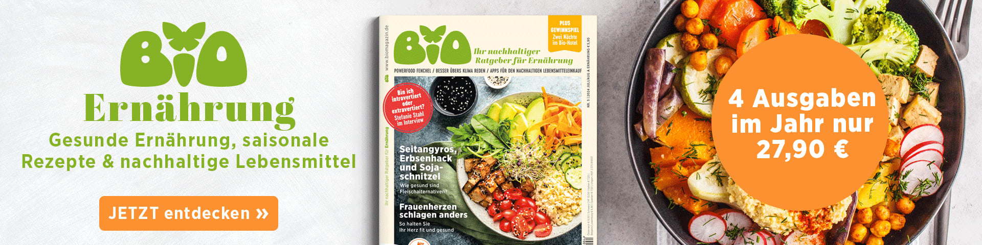 BIO-Ausgabe neben einer vegetarischen Bowl, daneben wird das Abo für BIO Ernährung beworben