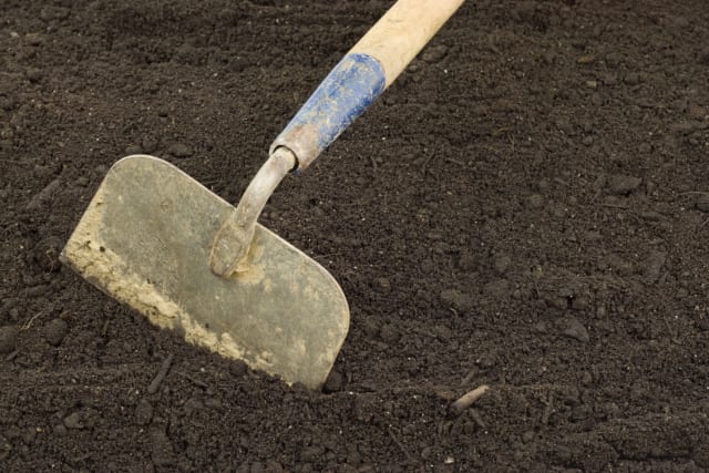 garden hoe in fresh soil