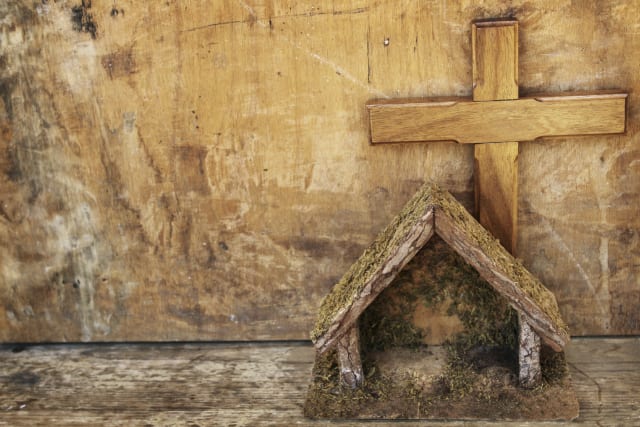 Wood Cross and Wood Nativity