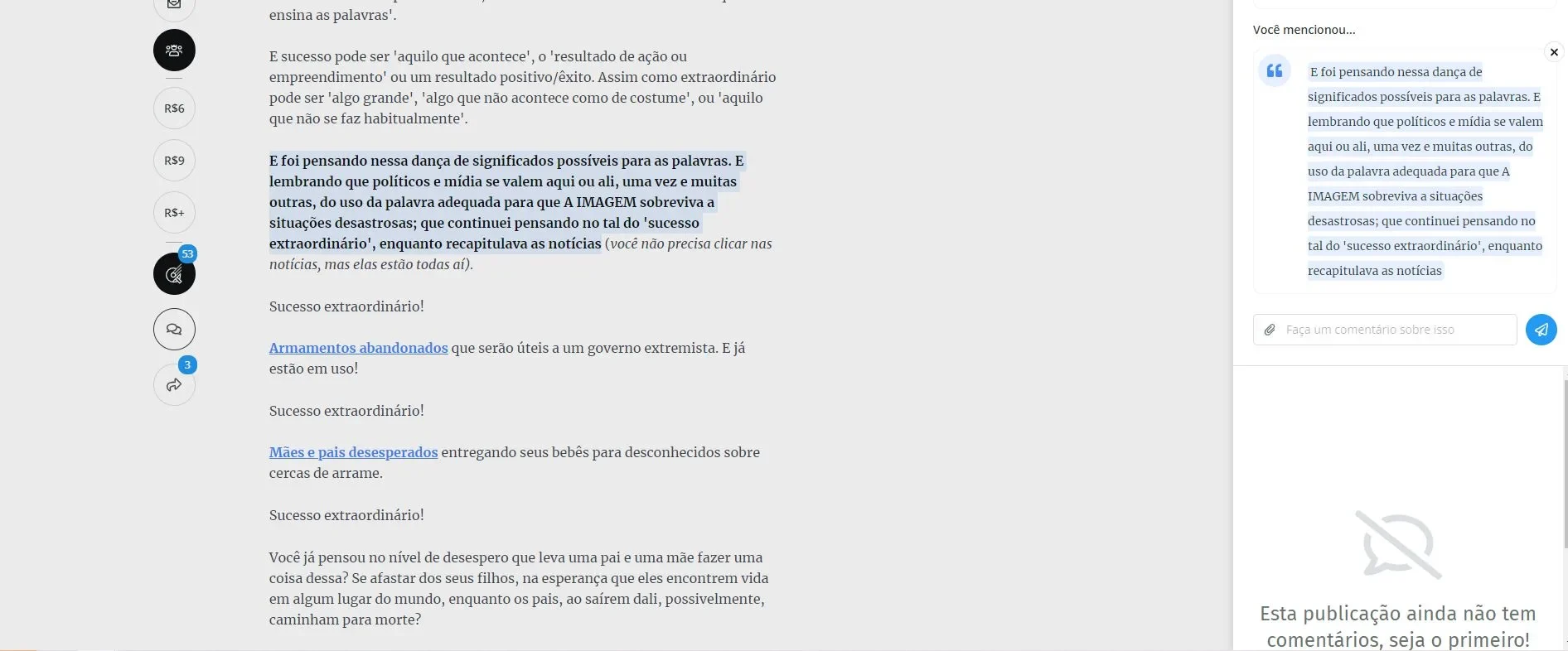 Trecho selecionado do texto em destaque na caixa de edição pronto para inserção do comentário.