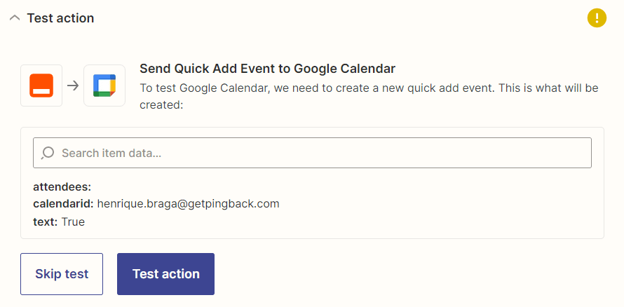 Clique em "Test action"