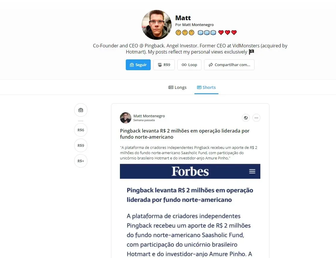 Shorts com embed de notícia publicada na Forbes sobre a Pingback.