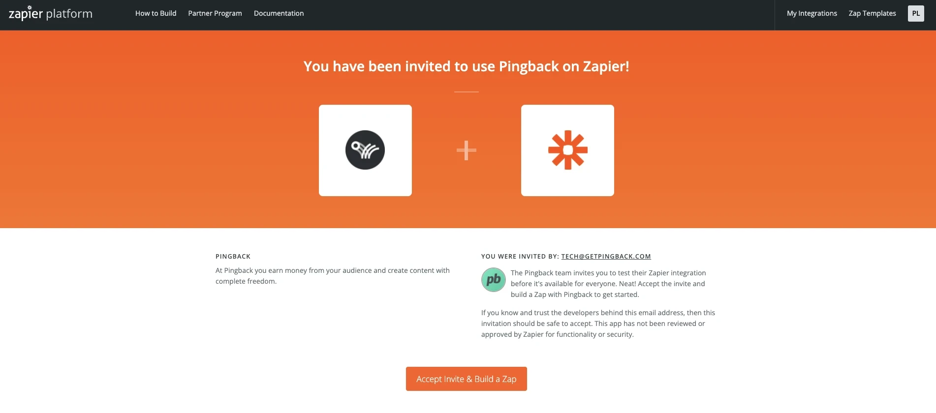 "Accept Invite &amp; Build Zap", em Português: aceitar convite e&nbsp; construir Zap.