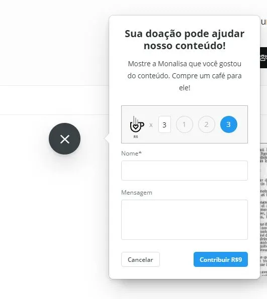 Contribuir, escolha de quantidade de Pingbacks.