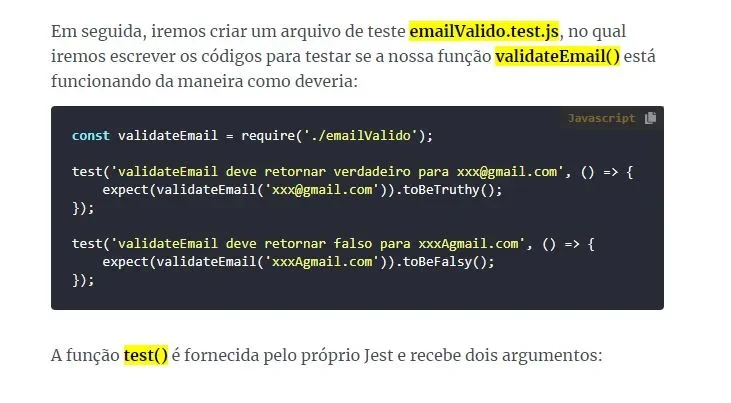 Bloco de códigos, retirado do texto "Jest Tutorial: Aprendendo a escrever testes JavaScript". (sic)