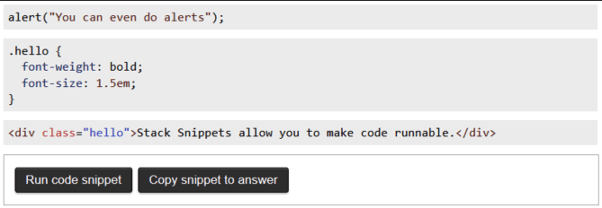 There is a post explaining how to share runnable snippets <a href="https://stackoverflow.blog/2014/09/16/introducing-runnable-javascript-css-and-html-code-snippets/">here</a>.