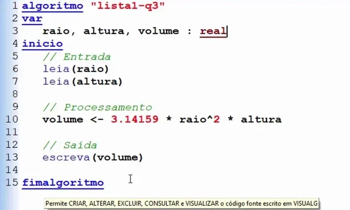 Tela do VISUALG, linguagem próxima ao portugol