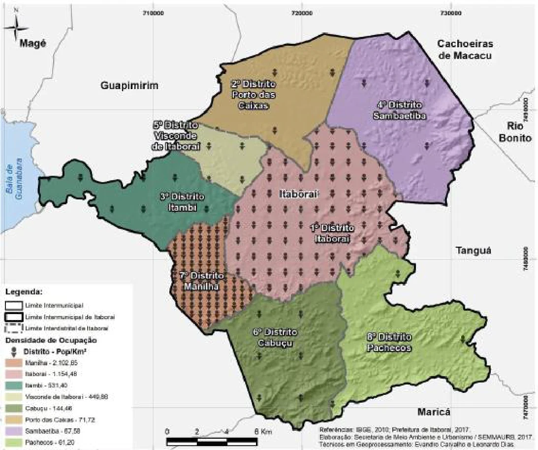 Localização do município de Itaboraí e Divisão Distrital, Fonte: Itaboraí (2018)