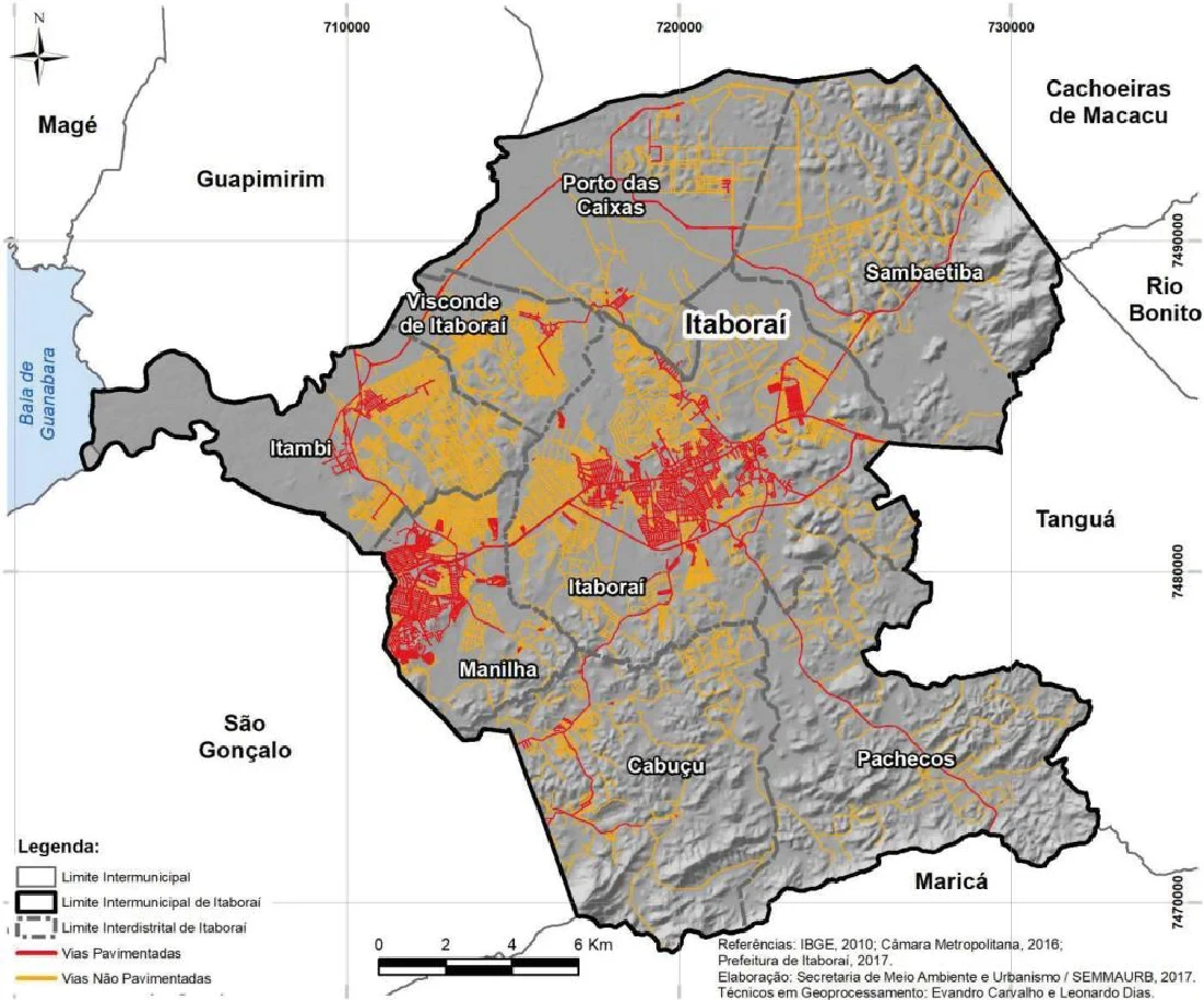 Mapa demonstrativo das vias pavimentadas e não pavimentadas em Itaboraí. Fonte: Janeiro (2017)