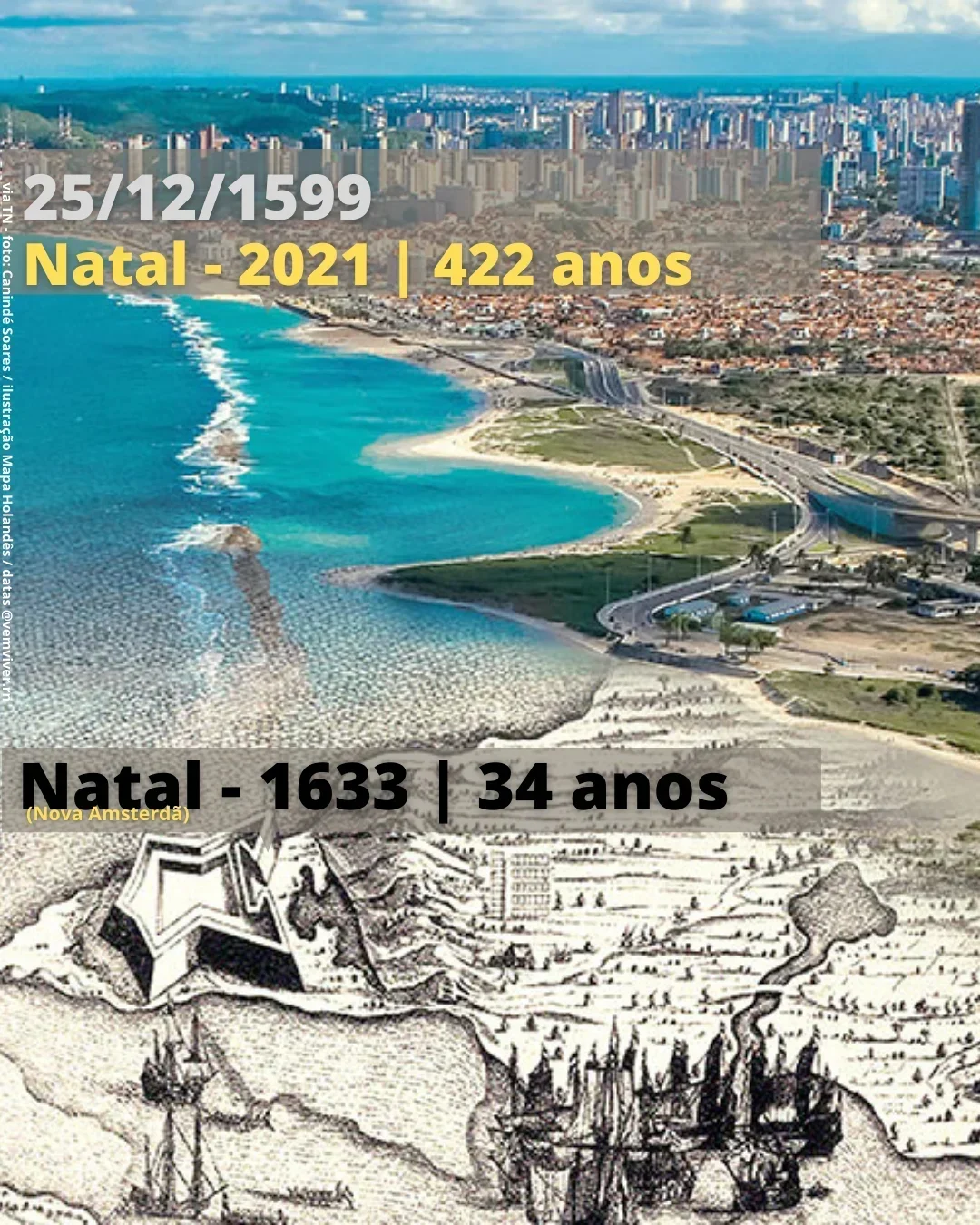 Imagem atual por Canindé Soares com ilustração do mapa holandês de Natal do ano de 1633, nomes e datas adicionadas por @vemviver.rn via Tribuna do Norte | TN.