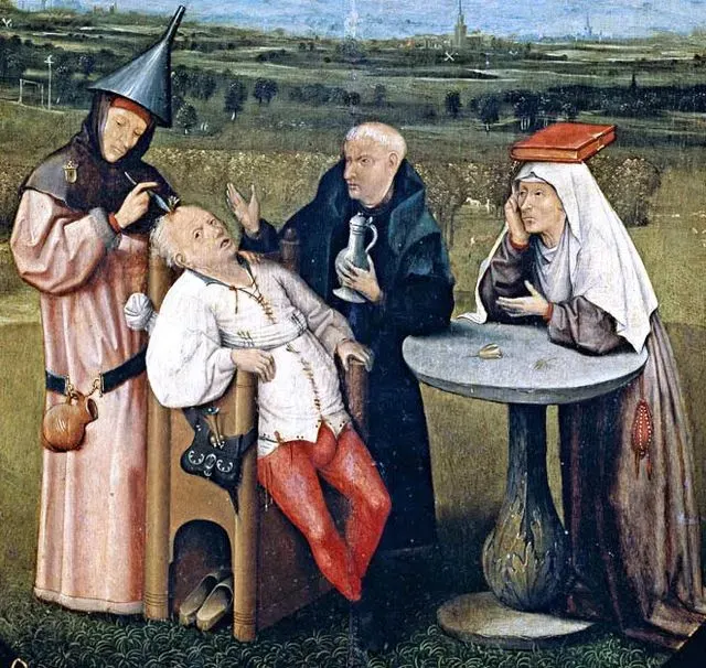 "A Extração da Pedra da Loucura", do Hieronymus Bosch. Reparem que a pessoa menos louca parece ser a que tá passando pela trepanação. 