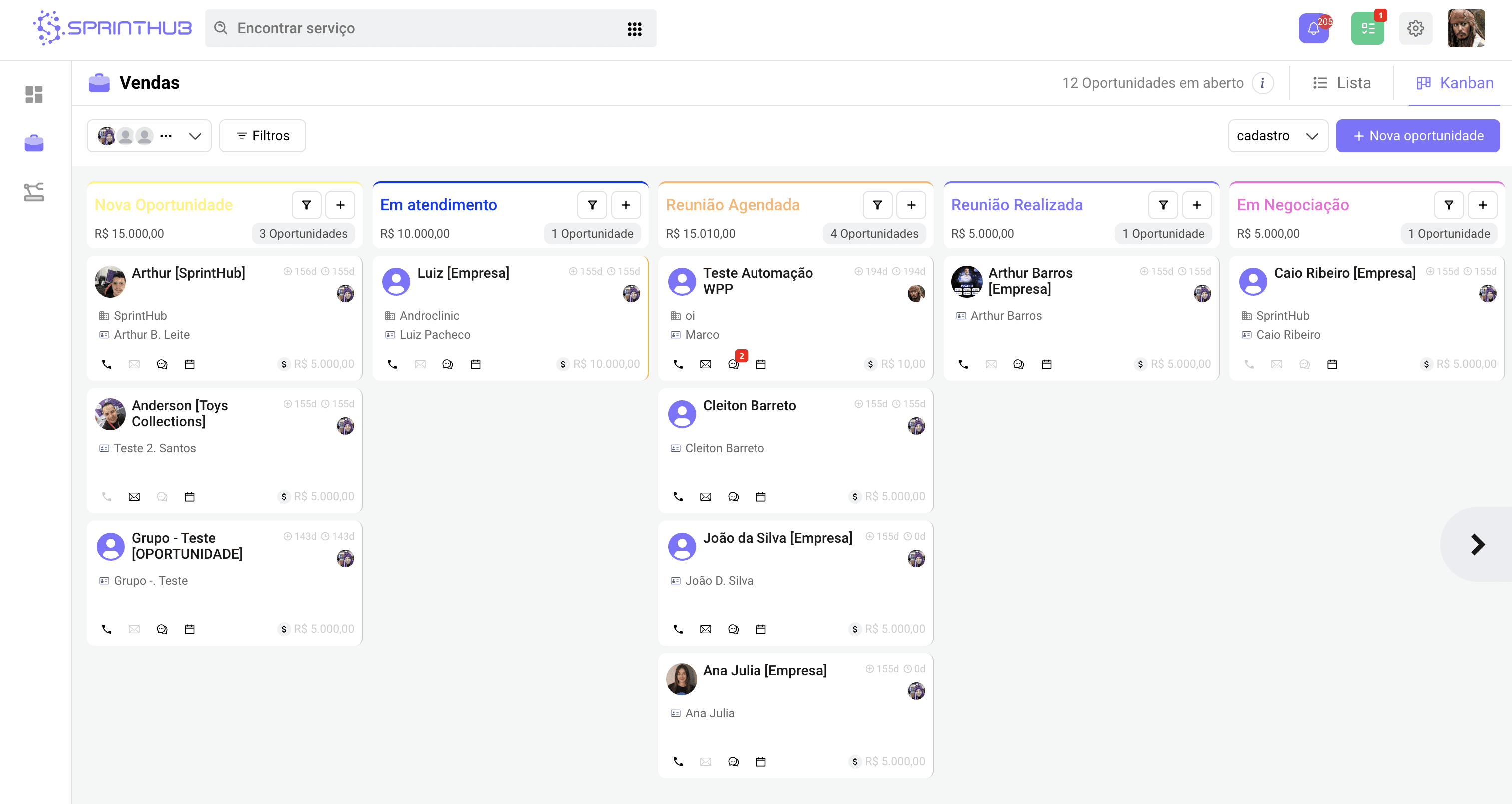 Visão Kanban do CRM SprintHub