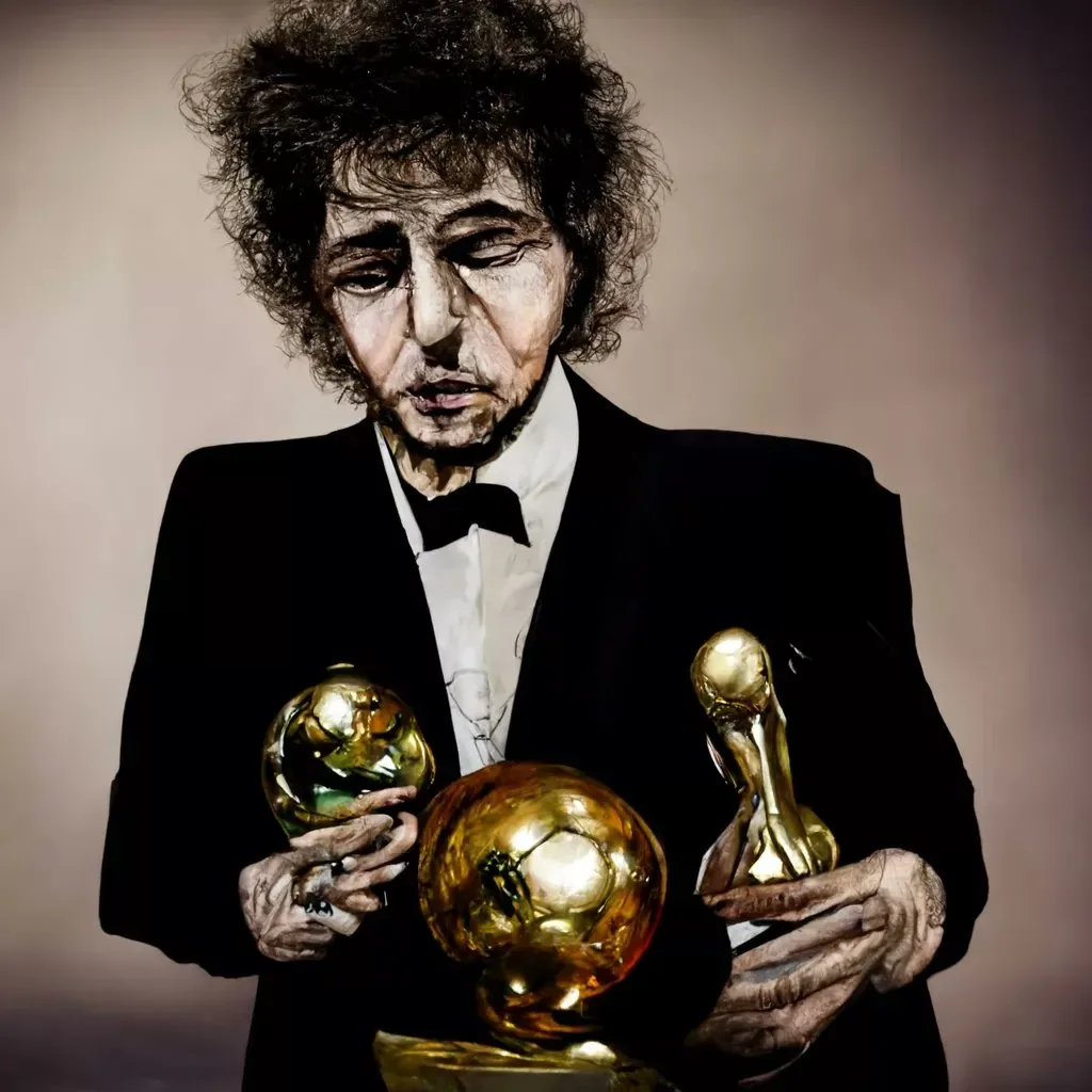 Bob Dylan recebe o Ballon D'or - reprodução Dall-E via @maverickmath