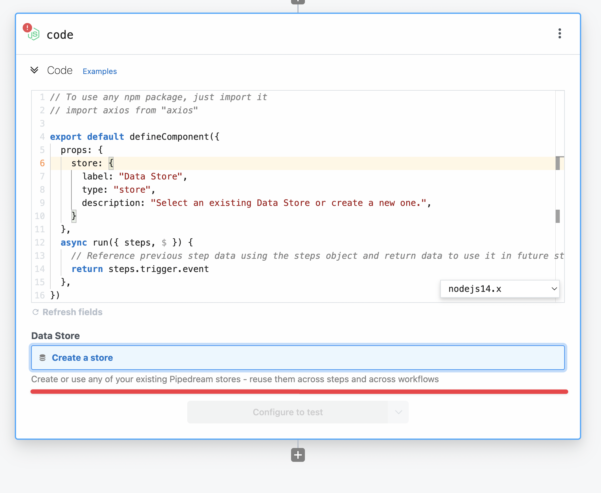 Create a new store or choose another one from your account for your component