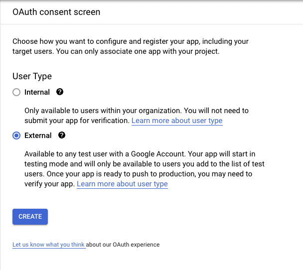 Select "External" in the OAuth Consent Screen