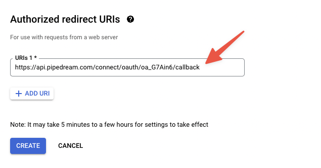 Add the Pipedream URL to the Callback Redirect URL option