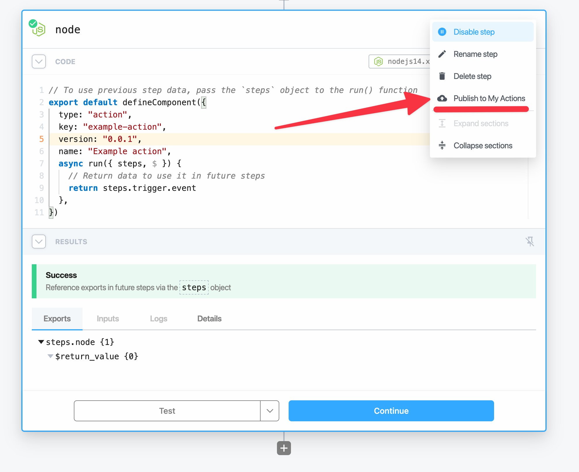 Publish a Node.js code step to My Actions