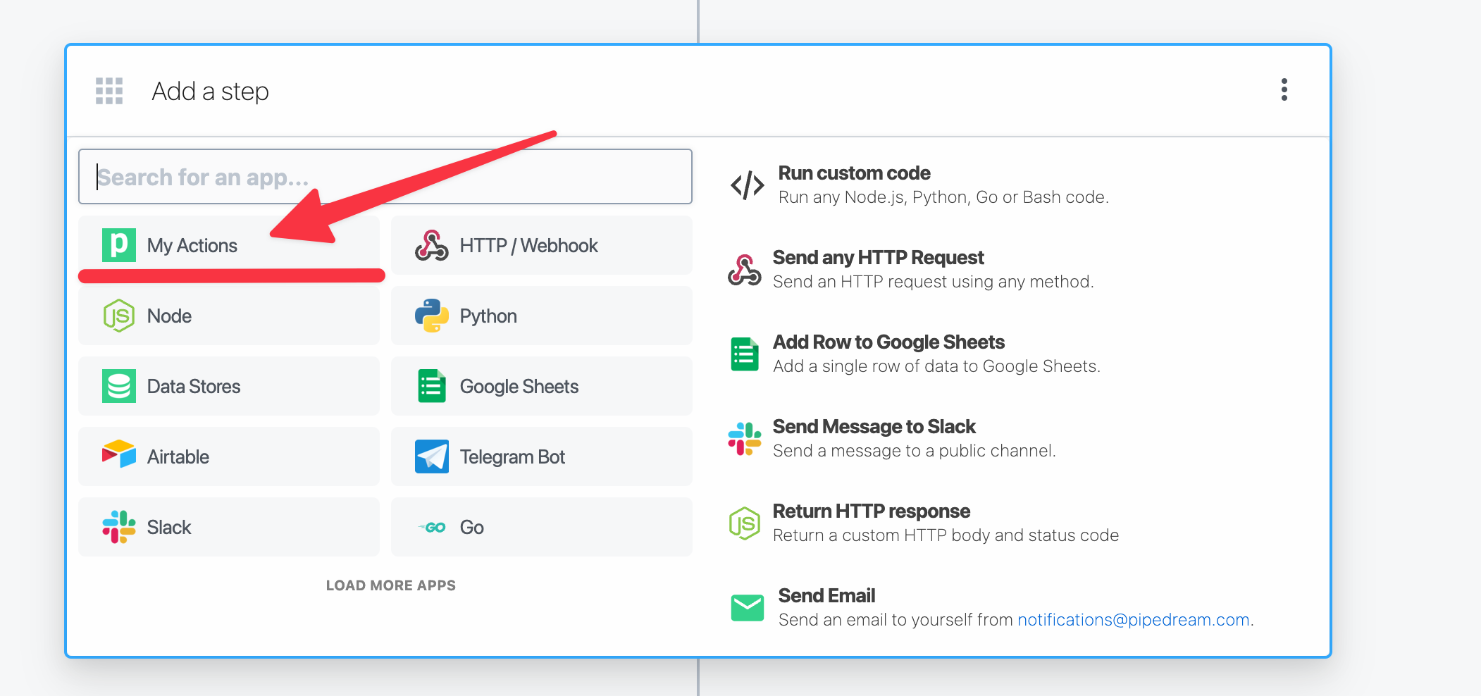 Select My Actions in a new workflow step to access your actions