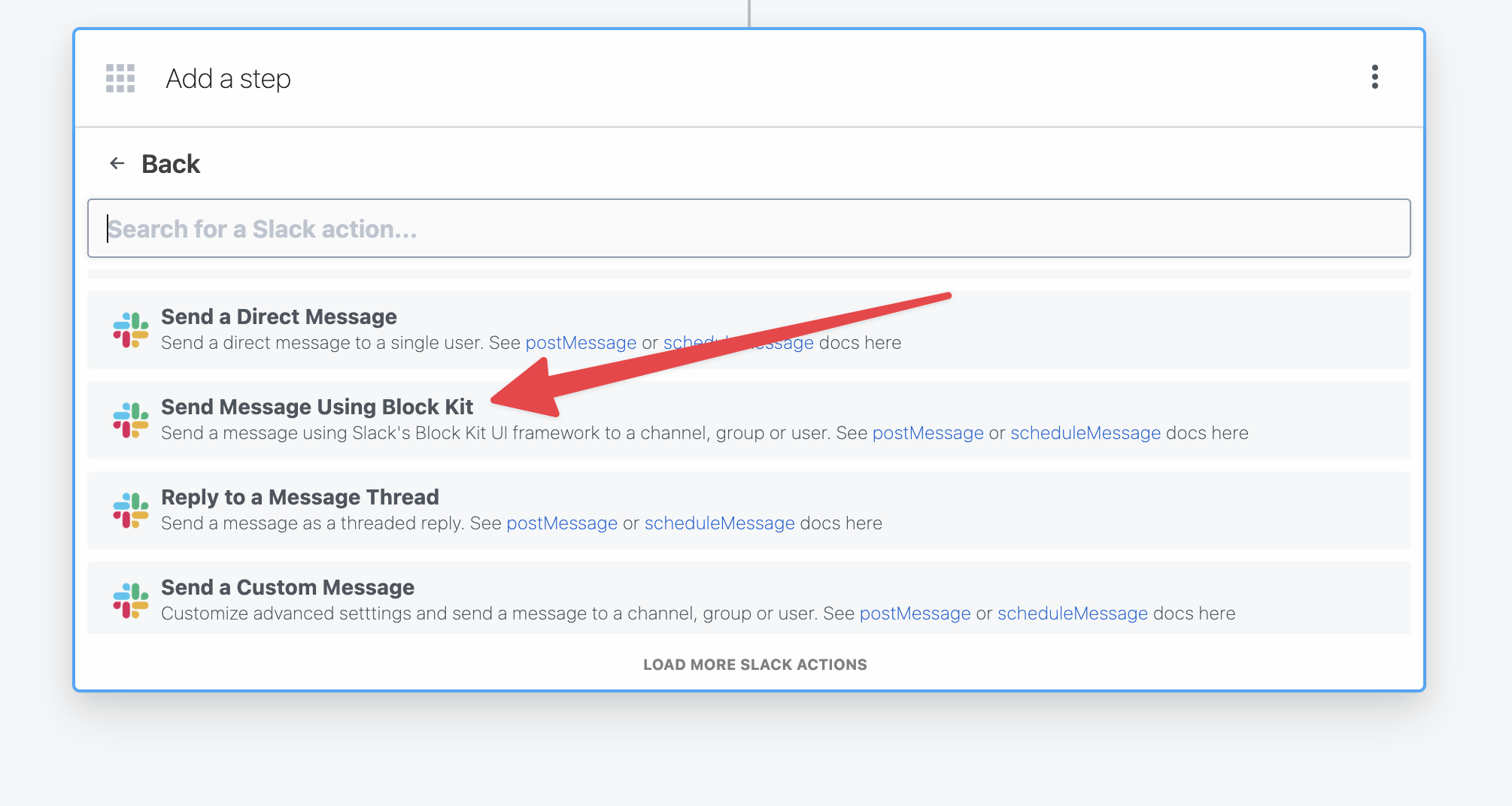 Selecting the Send Slack Message with Block Kit