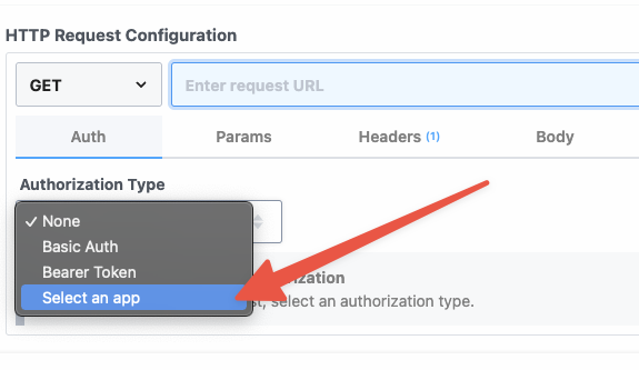 Opening the HTTP Request Authorization Type dropdown