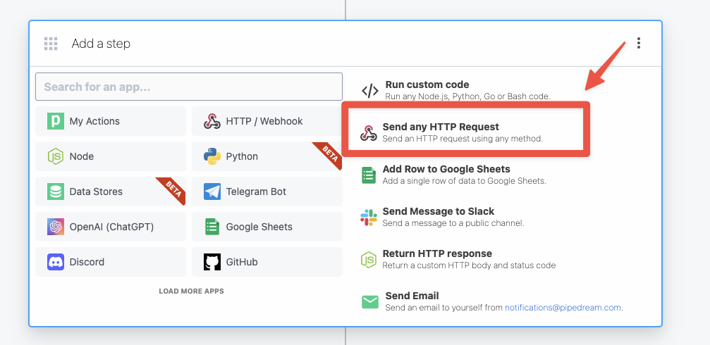 Finding the HTTP request builder action
