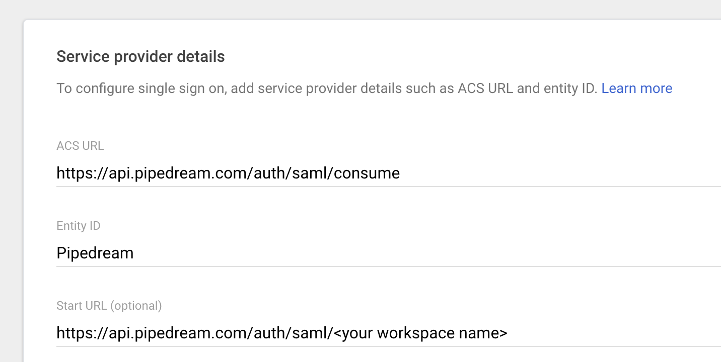 SAML settings for Google Workspace