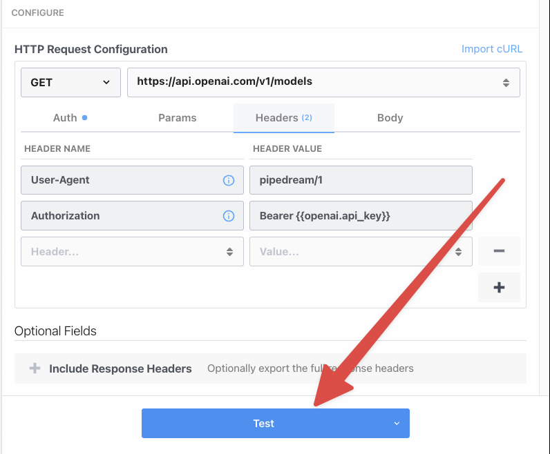 The image displays the Pipedream HTTP Request Configuration panel with a GET method selected and the request URL 'https://api.openai.com/v1/models' entered. Two headers are configured: 'User-Agent' with the value 'pipedream/1' and 'Authorization' with a dynamic variable 'Bearer {{openai_api_key}}' to automatically insert the OpenAI API key. A red arrow points towards the 'Authorization' header field, emphasizing the insertion of the API key. Below the headers, there's an option to 'Include Response Headers', and at the bottom, there's a 'Test' button to send the HTTP request.