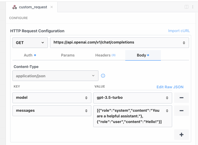 The image is a screenshot of the Pipedream HTTP Request Configuration panel after importing a cURL command. It displays a filled-out form with a GET request set to the URL 'https://api.openai.com/v1/chat/completions'. The 'Auth' tab is highlighted, indicating that authentication has been configured. The 'Headers' tab shows '3' indicating multiple headers have been set, including 'Content-Type' with the value 'application/json'. The 'Body' tab is active, showing 'model' set to 'gpt-3.5-turbo' and 'messages' containing a JSON array with two objects, each specifying a 'role' and 'content', indicating the structure of the data to be sent with the request.