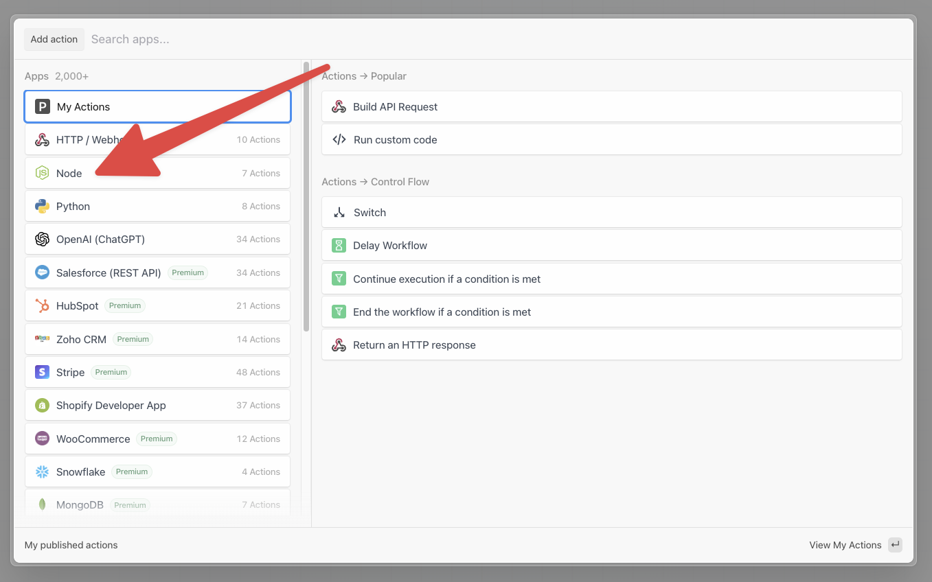 Node.js app being chosen in Pipedream's new step selector screen.