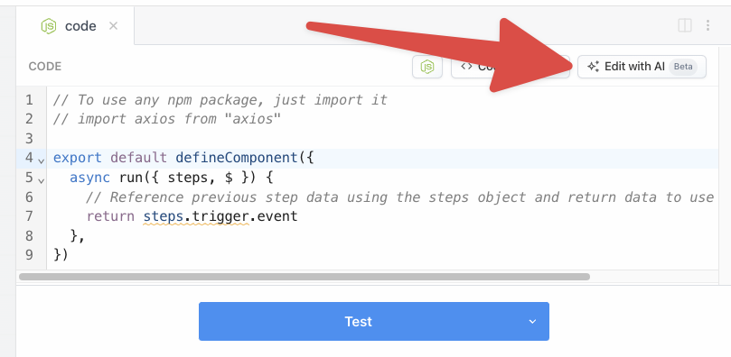 Initiating an AI code generation session from a Node.js code step in the Pipedream workflow editor.