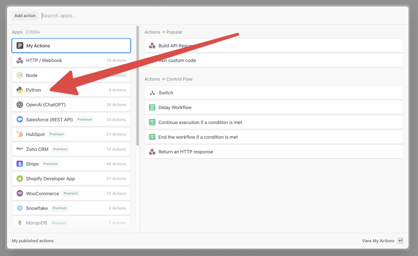 Python app being chosen in Pipedream's new step selector screen.