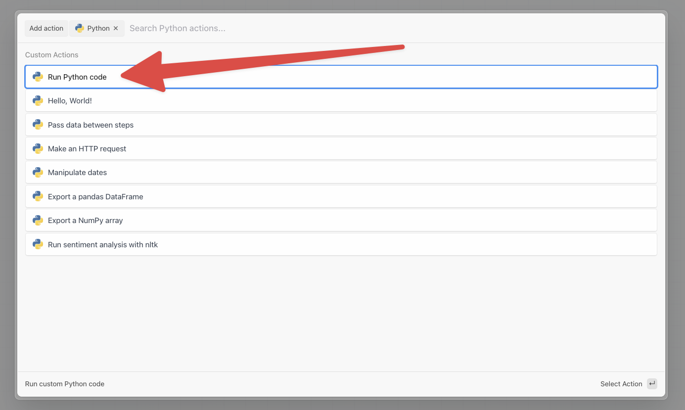 Selecting the 'Run Python Code' action from the Python app in the Pipedream interface.