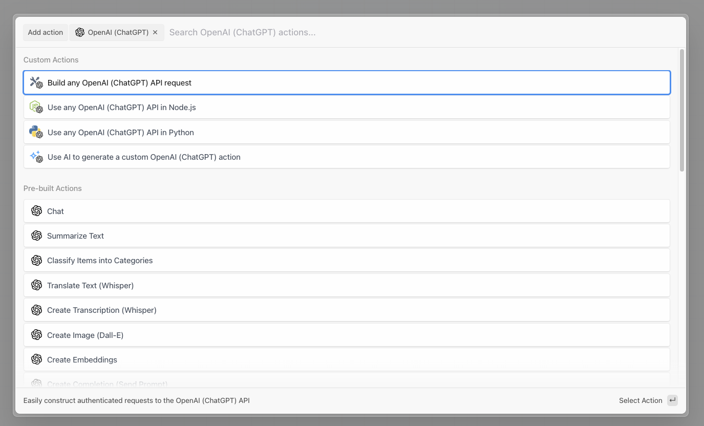 Interface showing a list of OpenAI (ChatGPT) actions available in Pipedream, including options for building API requests, using the API in Node.js and Python, and pre-built actions like Chat, Summarize Text, and Create Image (DALL-E).