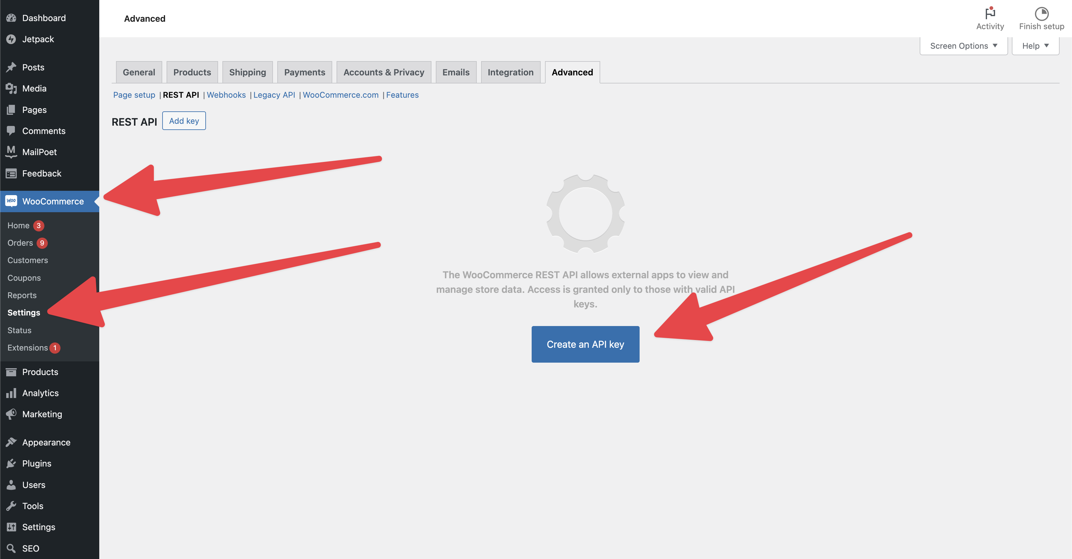 Creating an API key for WooCommerce from within your WordPress admin dashboard