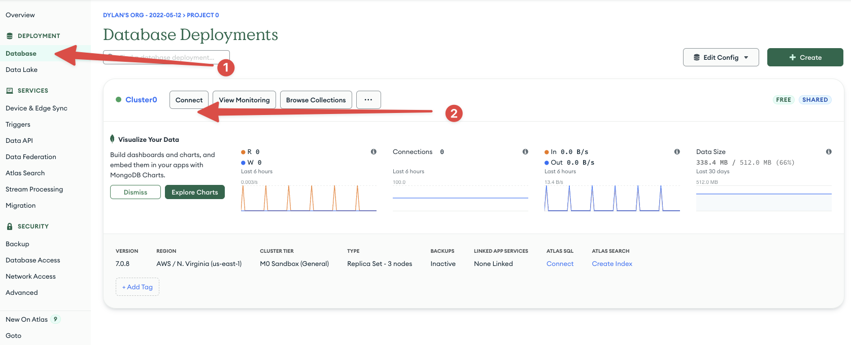 Finding the MongoDB database host name in MongoDB Atlas by using the Connect button to show the connection URI