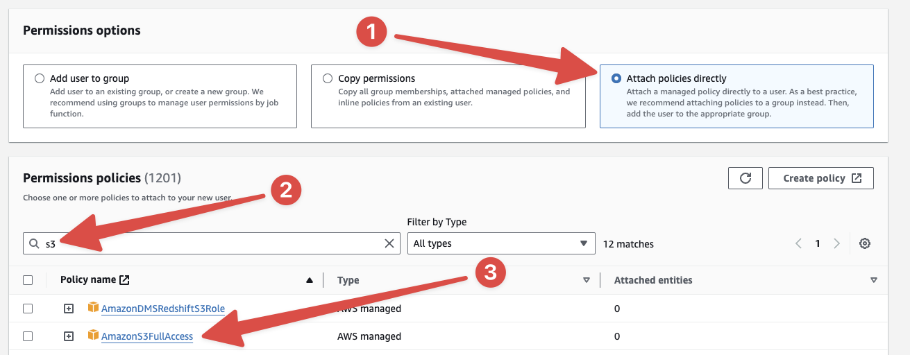 Searching for s3 in the permissions search bar within IAM to attach the S3FullAccessPolicy directly to the pipedream user