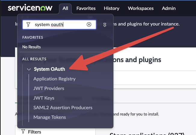 Find the OAuth Client option under the ServiceNow application registry