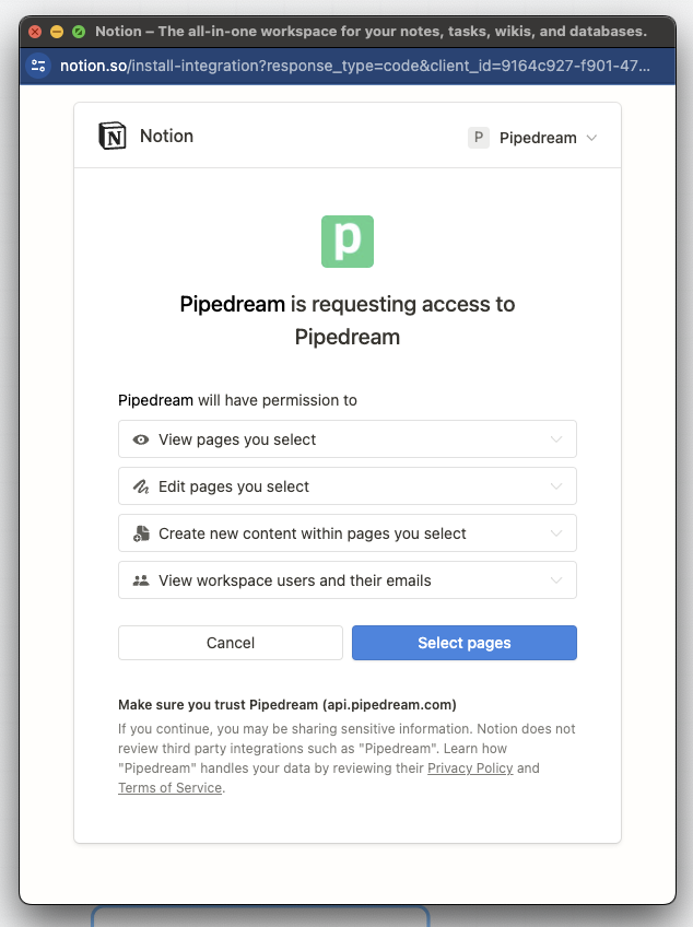Select the Notion pages that you'd like Pipedream to have access to
