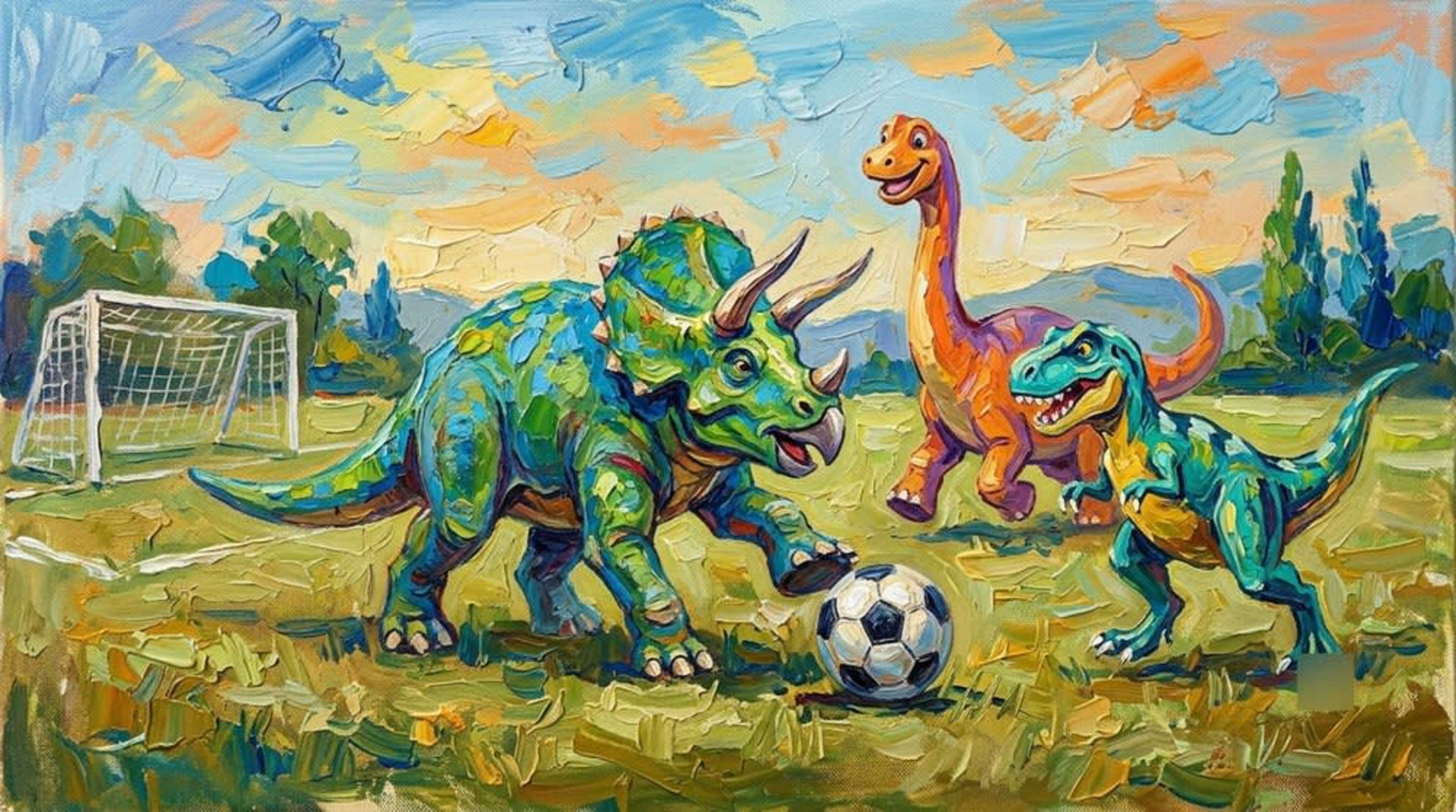 Paveikslas Dinozaurai žaidžia futbloą