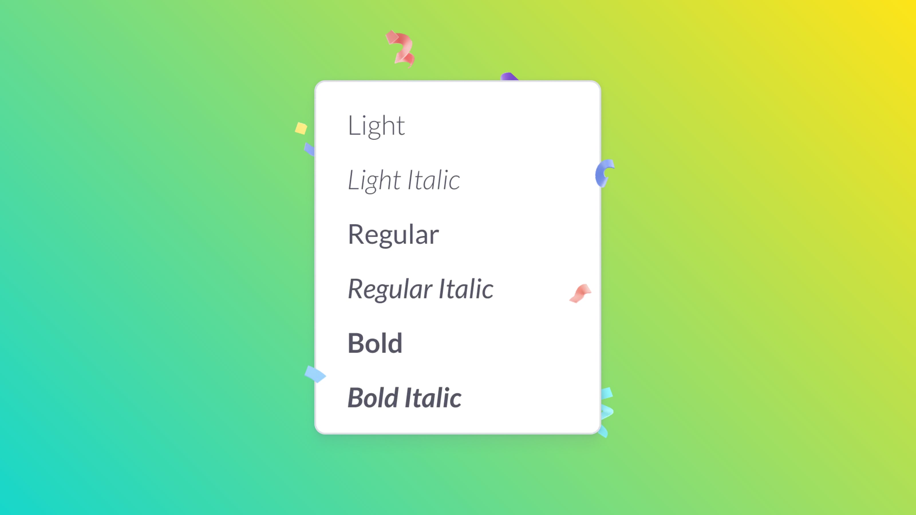 A list which visualizes multiple font styles