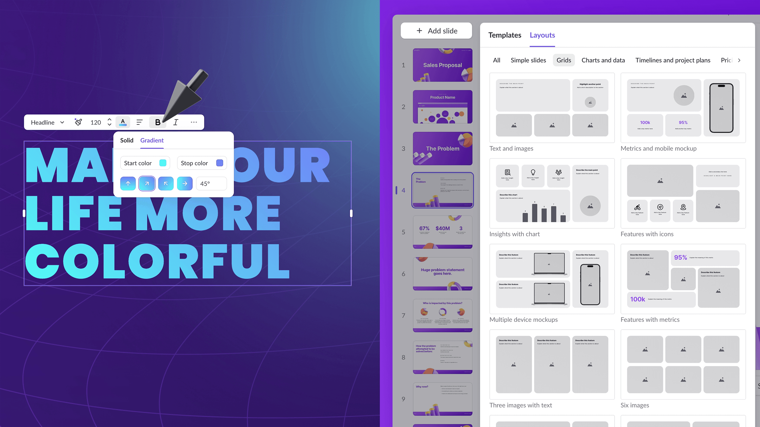 Text gradients and grid layouts