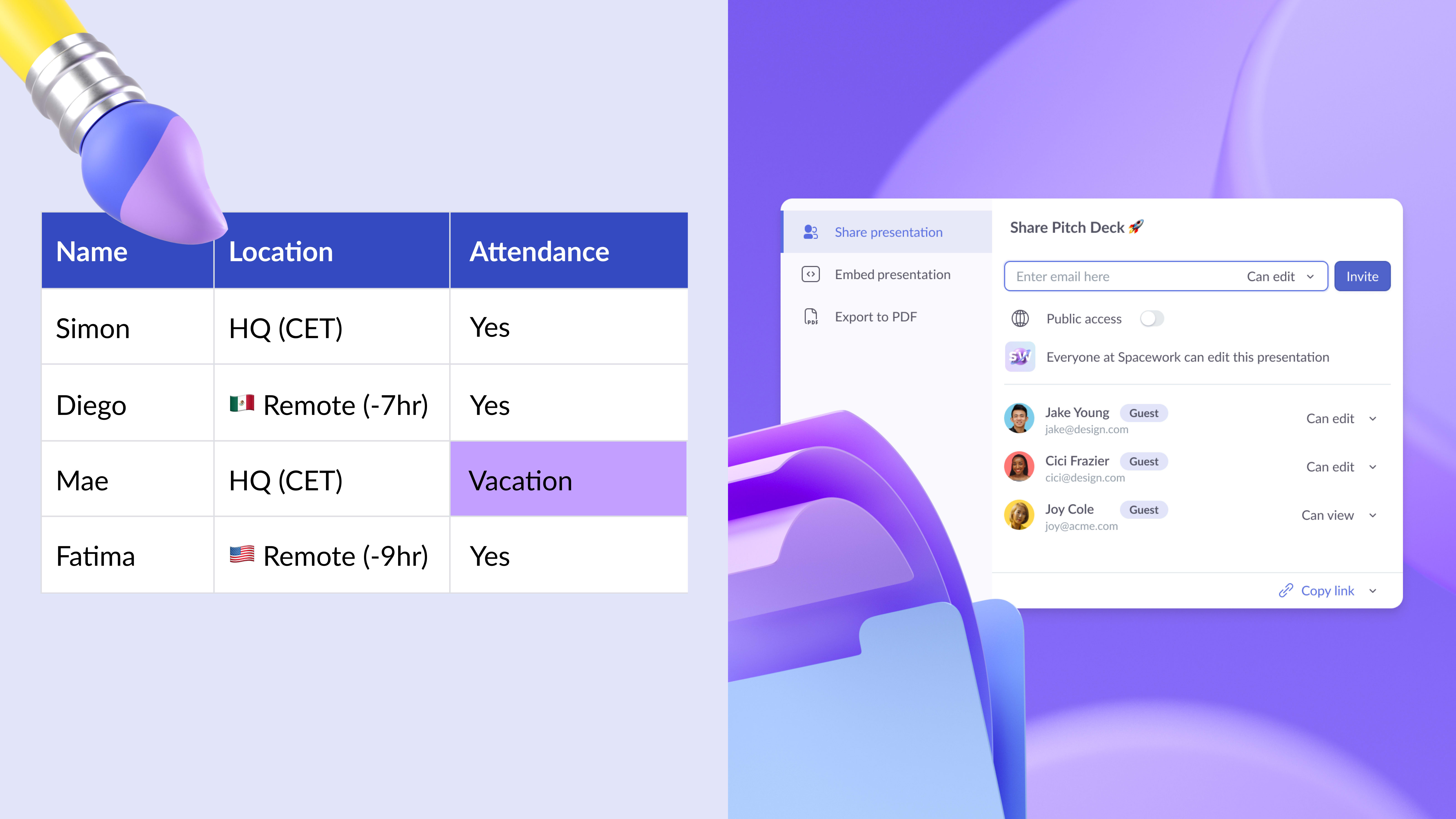 Table styling and new presentation sharing options in Pitch