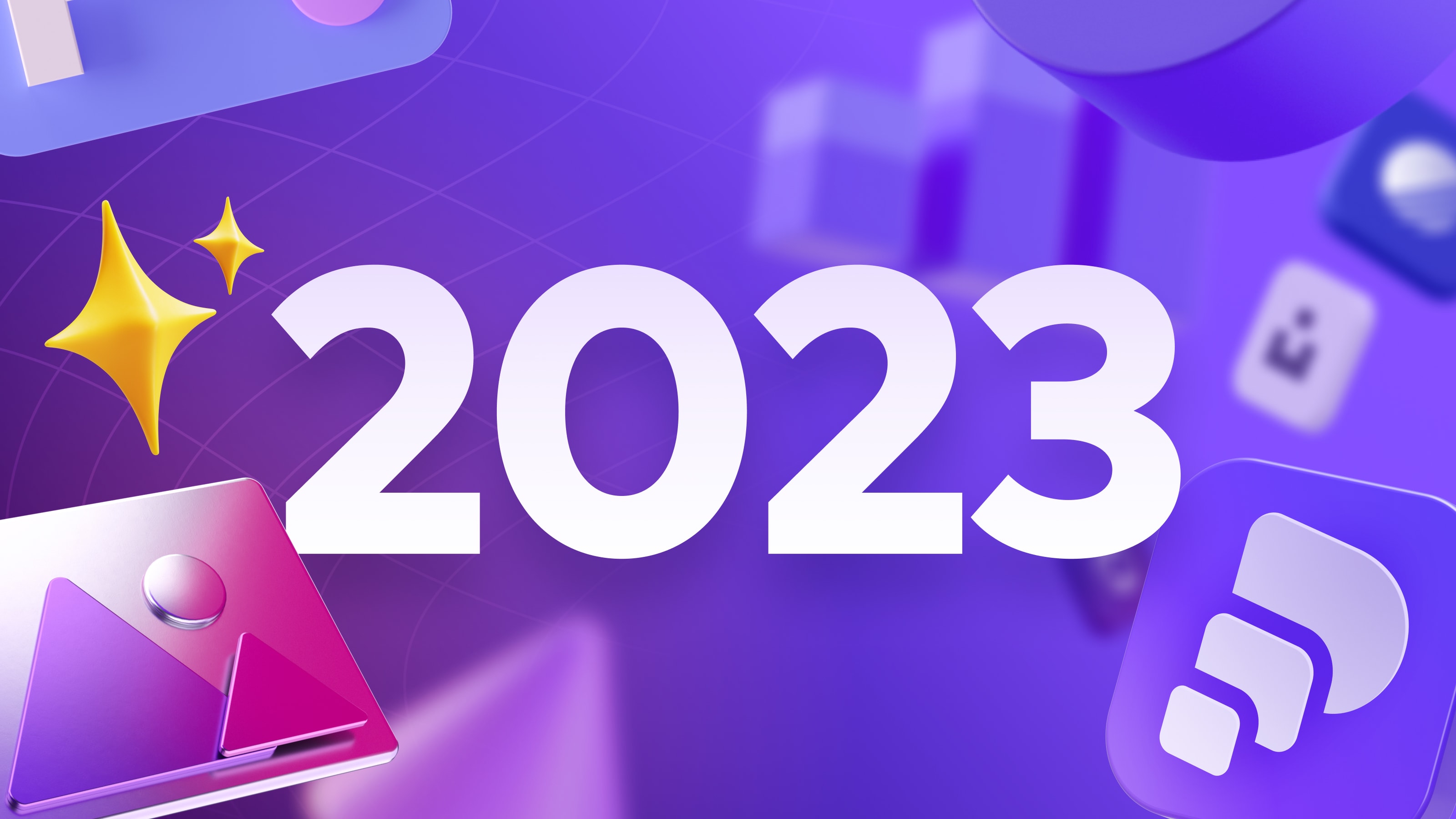 The number 2023 surrounded by the Pitch icon and 3D objects