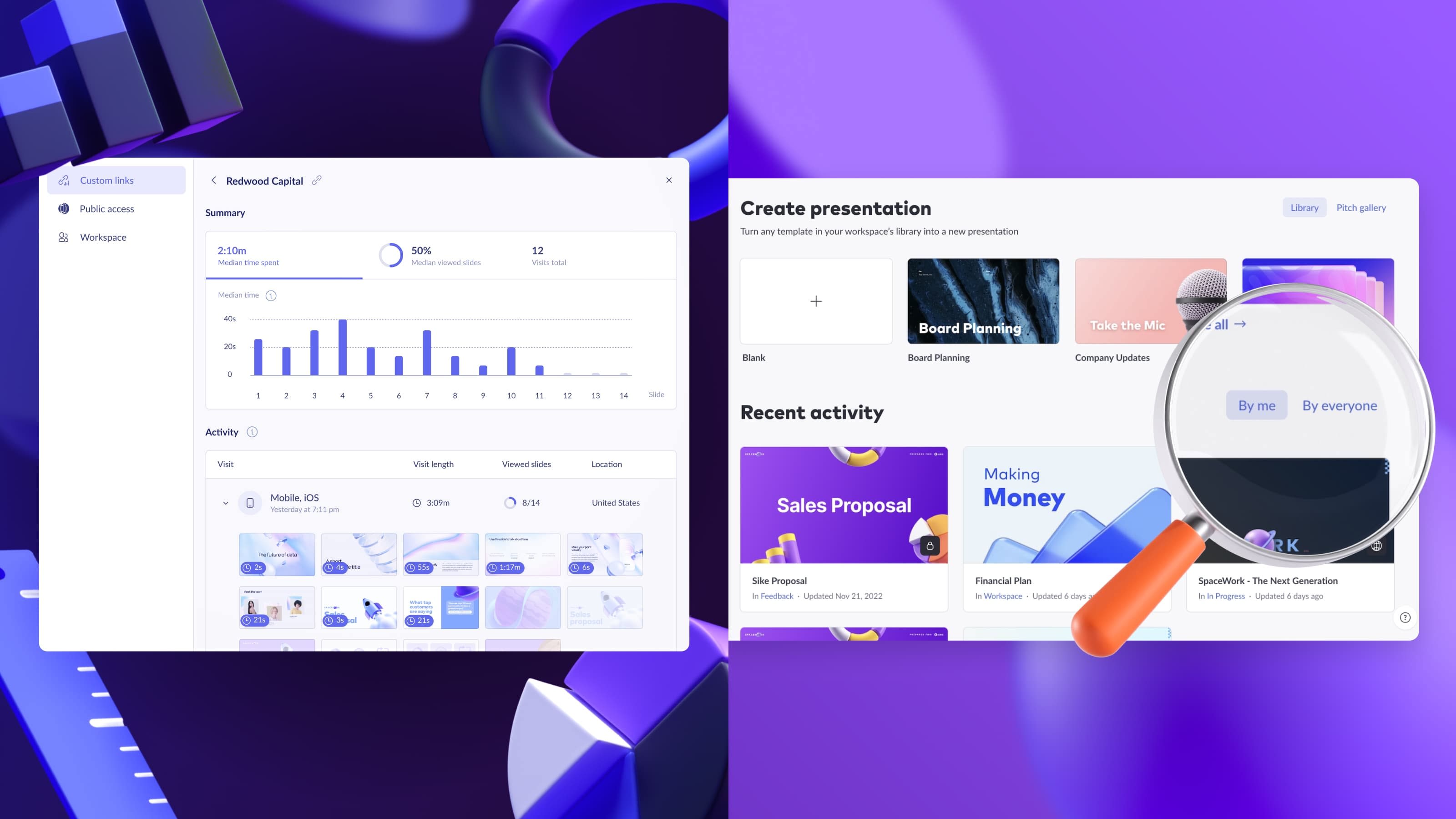 engagement analytics with time spent on slides, dashboard with recently opened presentations