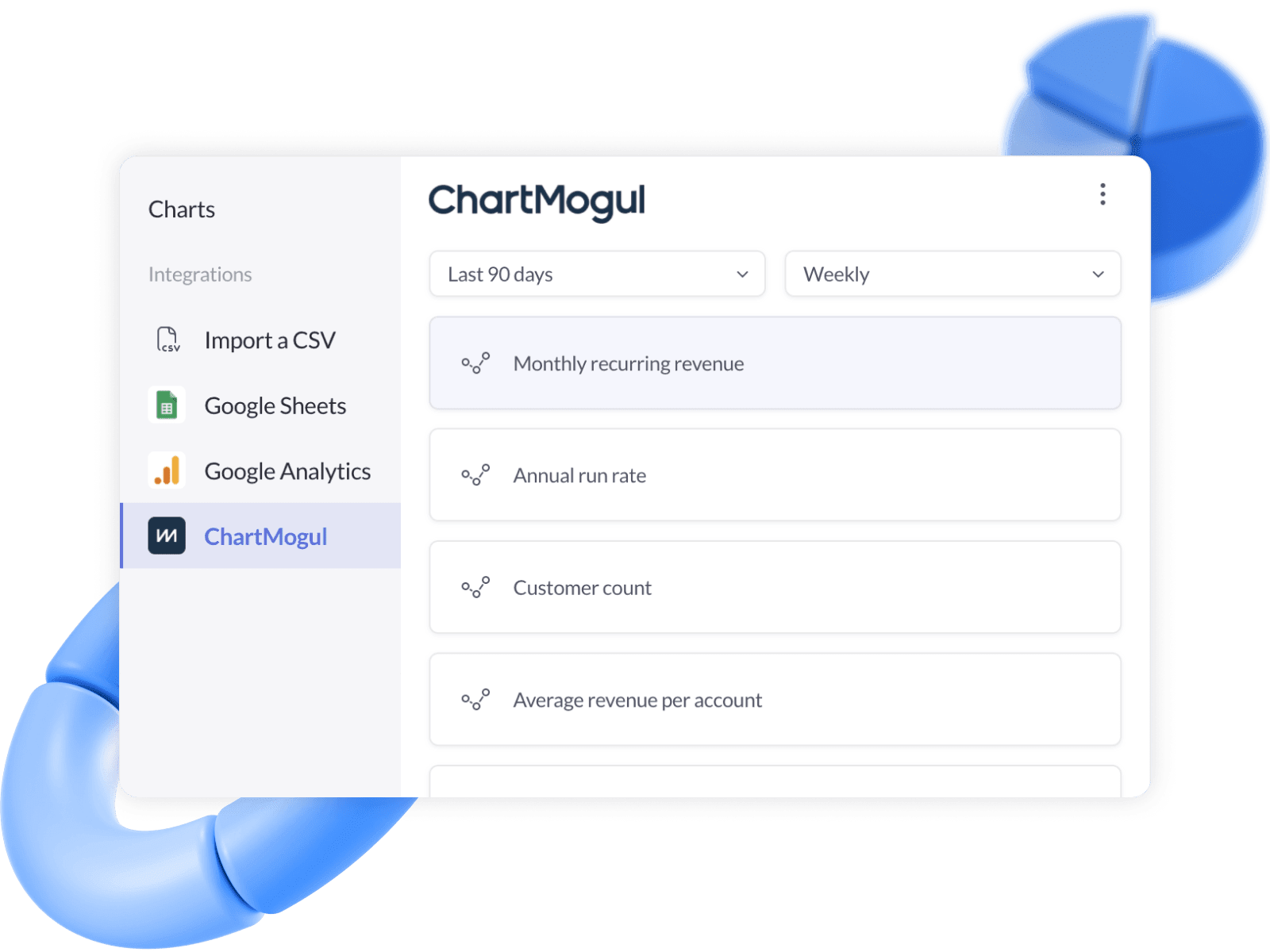 Image of the Pitch modal that allows users to add data to their slide showing Google Analytics, Google Sheets and ChartMogul