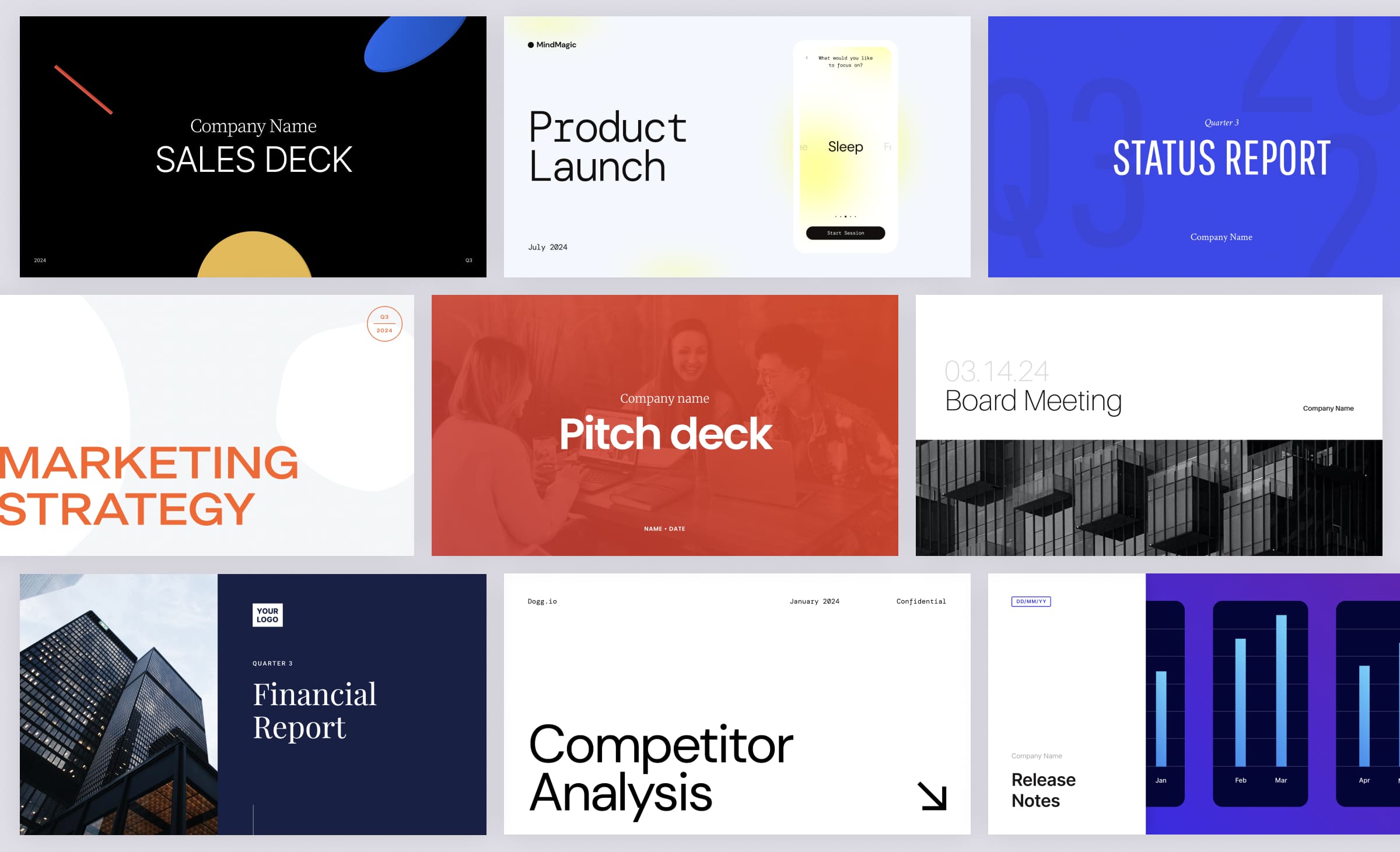 Pitch template gallery for pitch decks