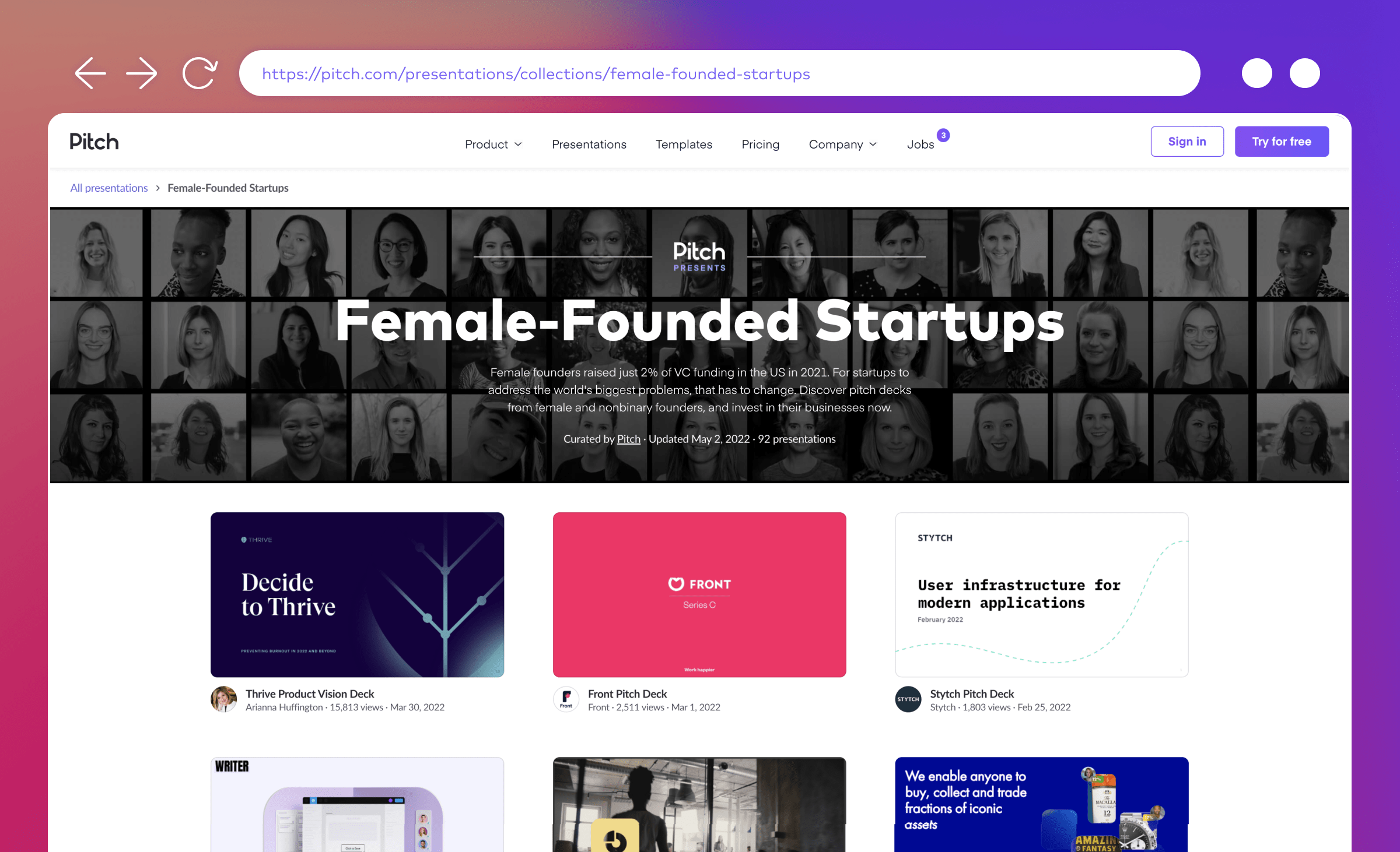 A screenshot of Pitch's Female-Founded Startups pitch deck collection. Click on the image to proceed to the collection. The image has a dark banner with a gallery of faces. Underneath, there are six pitch decks.