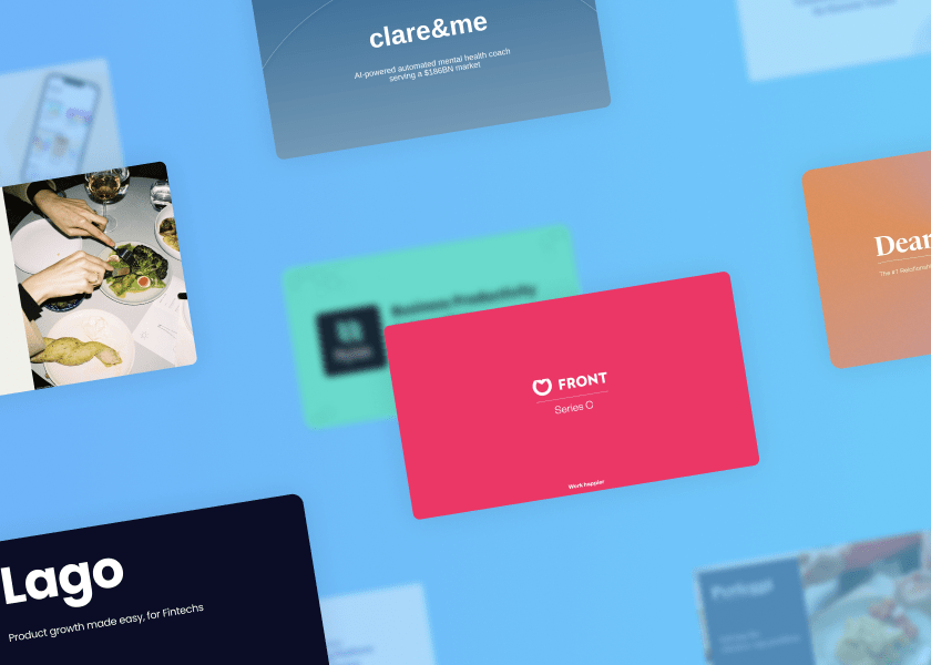 Examples of startup pitch decks from Front, Lago, Dearest, Hello Inside, Nylas, clare&me, Perfeggt, and Beelinguapp