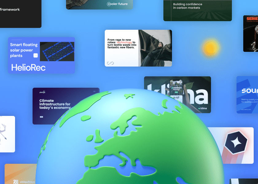 A collection of cover slides of 15 climate tech startups and their winning pitch decks behind a globe